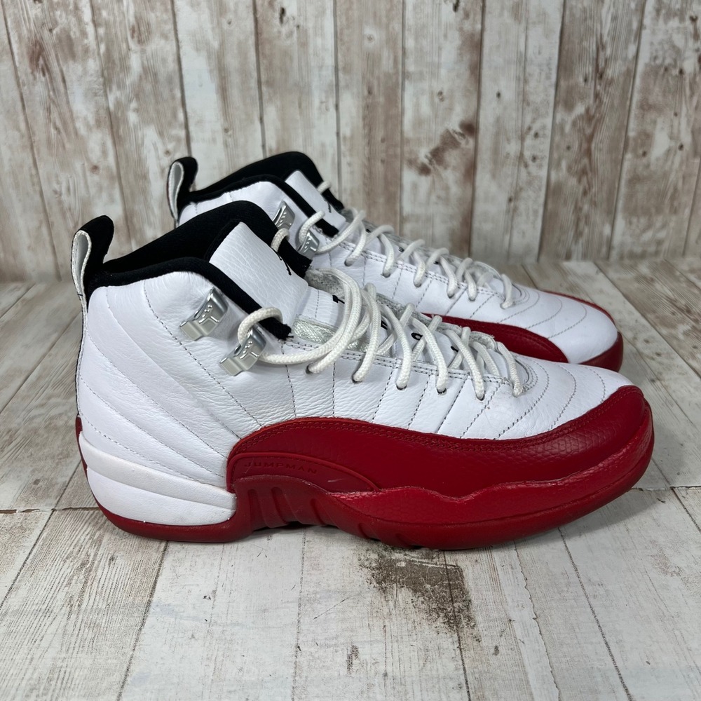 Jordan 12 Retro Cherry White Red Black Kids Sneakers 153265-116 Size 5.5Y